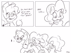 Size: 4000x3000 | Tagged: safe, artist:dilarus, deleted from derpibooru, imported from derpibooru, applejack, pinkie pie, comic:sugarcube, comic, dialogue, monochrome