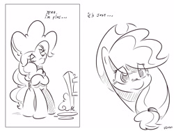 Size: 4000x3000 | Tagged: safe, artist:dilarus, deleted from derpibooru, imported from derpibooru, applejack, pinkie pie, comic:sugarcube, black and white, comic, dialogue, grayscale, monochrome