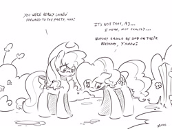 Size: 4000x3000 | Tagged: safe, artist:dilarus, deleted from derpibooru, imported from derpibooru, applejack, pinkie pie, comic:sugarcube, black and white, comic, dialogue, grayscale, monochrome, tail bow