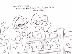 Size: 4000x3000 | Tagged: safe, artist:dilarus, deleted from derpibooru, imported from derpibooru, applejack, pinkie pie, comic:sugarcube, black and white, comic, dialogue, grayscale, monochrome, tail bow