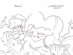 Size: 4000x3000 | Tagged: safe, artist:dilarus, deleted from derpibooru, imported from derpibooru, applejack, pinkie pie, comic:sugarcube, black and white, comic, dialogue, grayscale, monochrome