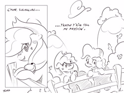 Size: 4000x3000 | Tagged: safe, artist:dilarus, deleted from derpibooru, imported from derpibooru, applejack, pinkie pie, comic:sugarcube, black and white, comic, dialogue, grayscale, monochrome