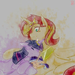 Size: 500x500 | Tagged: safe, artist:aka-ryuga, imported from derpibooru, sunset shimmer, twilight sparkle, oc, alicorn, pony, equestria girls, alicornified, blushing, cuddling, family, female, horn ring, jewelry, lesbian, magical lesbian spawn, mare, offspring, parent:sunset shimmer, parent:twilight sparkle, parents:sunsetsparkle, race swap, regalia, shimmercorn, shipping, sleeping, sunsetsparkle, twilight sparkle (alicorn)