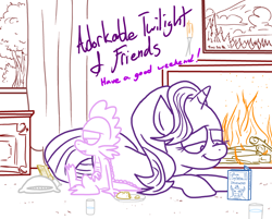 Size: 1280x1029 | Tagged: safe, artist:adorkabletwilightandfriends, imported from derpibooru, spike, starlight glimmer, dragon, pony, unicorn, adorkable, book, chimney, cookie, cute, dork, duo, food, milk, pillow, slice of life