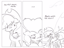 Size: 4000x3000 | Tagged: safe, artist:dilarus, deleted from derpibooru, imported from derpibooru, applejack, pinkie pie, comic:sugarcube, black and white, comic, dialogue, grayscale, monochrome, tail bow