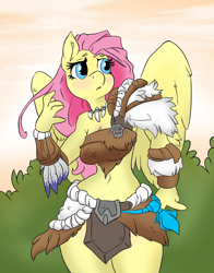 Size: 1800x2295 | Tagged: safe, artist:atryl edits, artist:mrponeswildride, color edit, edit, imported from derpibooru, fluttershy, anthro, barbarian, belly button, blushing, clothes, colored, leather, leather straps, loincloth, midriff, skirt