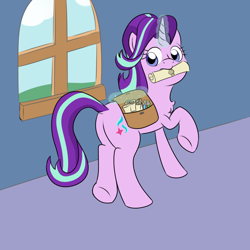 Size: 1280x1280 | Tagged: safe, artist:yakoshi, imported from derpibooru, starlight glimmer, pony, unicorn, butt, female, magic, mare, mouth hold, plot, saddle bag, scroll, solo, telekinesis