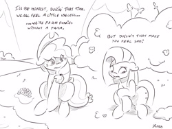 Size: 4000x3000 | Tagged: safe, artist:dilarus, deleted from derpibooru, imported from derpibooru, applejack, pinkie pie, comic:sugarcube, black and white, comic, grayscale, monochrome, pinkamena diane pie, tail bow