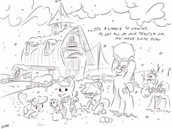 Size: 4000x3000 | Tagged: safe, artist:dilarus, deleted from derpibooru, imported from derpibooru, apple bloom, applejack, big macintosh, granny smith, earth pony, pony, black and white, comic, farm, grayscale, male, monochrome, snowpony, stallion, this will end in pain, winter