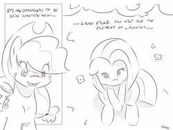 Size: 4000x3000 | Tagged: safe, artist:dilarus, deleted from derpibooru, imported from derpibooru, applejack, pinkie pie, earth pony, pony, comic:sugarcube, black and white, comic, cute, dialogue, diapinkes, female, grayscale, mare, monochrome, pinkamena diane pie, sitting, tail bow