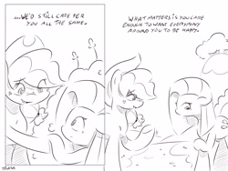 Size: 4000x3000 | Tagged: safe, artist:dilarus, deleted from derpibooru, imported from derpibooru, applejack, pinkie pie, comic:sugarcube, black and white, comic, dialogue, grayscale, monochrome, pinkamena diane pie