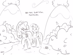 Size: 4000x3000 | Tagged: safe, artist:dilarus, deleted from derpibooru, imported from derpibooru, applejack, pinkie pie, comic:sugarcube, black and white, comic, dialogue, grayscale, monochrome, pinkamena diane pie, tail bow