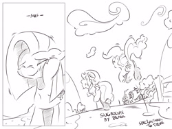 Size: 4000x3000 | Tagged: safe, artist:dilarus, deleted from derpibooru, imported from derpibooru, applejack, pinkie pie, comic:sugarcube, black and white, comic, grayscale, monochrome, pinkamena diane pie, pronking, tail bow