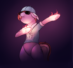 Size: 2050x1897 | Tagged: safe, artist:marsminer, imported from derpibooru, oc, oc only, oc:pop style, pony, semi-anthro, baseball cap, bipedal, bottomless, cap, clothes, dab, dark, fire, floppy ears, frown, glow, glowing, hat, lit, on fire, purple background, serious, serious face, shirt, simple background, sunglasses, underhoof