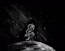 Size: 1786x1387 | Tagged: safe, artist:t72b, imported from derpibooru, princess luna, female, monochrome, moon, solo, space, stars, traditional art