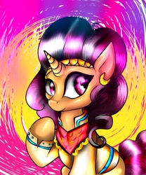 Size: 1500x1800 | Tagged: safe, artist:spirodraw, artist:spirovefrfrv, imported from derpibooru, saffron masala, pony, unicorn, spice up your life, abstract background, aside glance, cute, female, mare, raised hoof, saffronbetes, sideways glance, sitting, smiling, solo