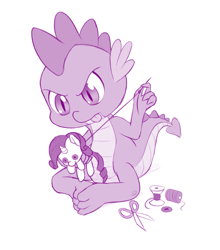 Size: 791x900 | Tagged: safe, artist:dstears, imported from derpibooru, rarity, spike, claws, female, fixing, monochrome, newbie artist training grounds, plushie, rarity plushie, sewing, solo