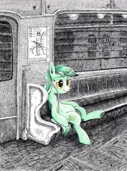 Size: 3438x4613 | Tagged: safe, artist:mcstalins, imported from derpibooru, lyra heartstrings, pony, unicorn, colored pencil drawing, female, metro, monochrome, neo noir, partial color, russia, russian, saint petersburg, sitting, sitting lyra, smiling, solo, style emulation, subway, traditional art, train