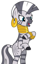 Size: 1959x3144 | Tagged: safe, artist:sketchmcreations, imported from derpibooru, zecora, pony, zebra, the fault in our cutie marks, bipedal, bracelet, ear piercing, earring, female, jewelry, neck rings, open mouth, piercing, rearing, simple background, standing, transparent background, vector