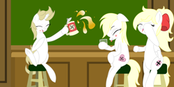 Size: 4320x2160 | Tagged: safe, artist:anonymousdrawfig, imported from derpibooru, oc, oc only, oc:aryanne, oc:franziska, oc:kyrie, earth pony, pegasus, pony, unicorn, 8chan, alcohol, aryan, aryan pony, beer, beer stein, blonde, blushing, booze, chair, cheers, chubby, cider, drunk, glass, hair bow, heart, heil, iron cross, laughing, nazi, nazipone, sieg heil, sitting, swastika, tavern