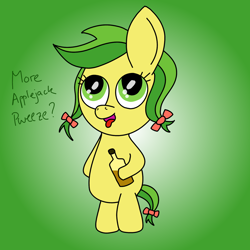 Size: 1600x1600 | Tagged: safe, artist:vitalspark, imported from derpibooru, apple fritter, pony, apple family member, applejack (drink), baby, baby pony, bipedal, female, pigtails, role reversal, solo