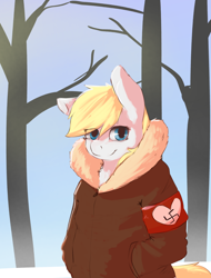 Size: 1140x1500 | Tagged: safe, artist:elijah, artist:fuzzpower, imported from derpibooru, oc, oc only, oc:aryanne, pony, armband, bipedal, clothes, cold, comfy, ear fluff, forest, heart, jacket, nazi, redraw, smiling, snow, solo, sunlight, swastika