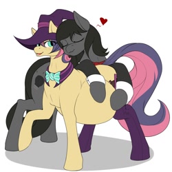 Size: 1280x1280 | Tagged: safe, artist:m-p-l, imported from derpibooru, oc, oc only, oc:dark light, oc:edith, pony, belly, big belly, blushing, clothes, cute, female, hat, heart, hug, lesbian, magical lesbian spawn, mare, oc x oc, offspring, pregnant, shipping, socks, stockings