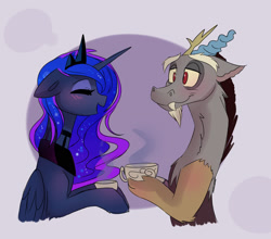 Size: 1649x1448 | Tagged: safe, artist:elementalokami, imported from derpibooru, discord, princess luna, blushing, crown, cup, eyeshadow, floppy ears, hoof hold, jewelry, lunacord, makeup, male, peytral, regalia, shipping, straight