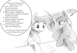Size: 1280x890 | Tagged: safe, artist:silfoe, imported from derpibooru, princess luna, twilight sparkle, twilight sparkle (alicorn), alicorn, pony, royal sketchbook, female, grayscale, lesbian, mare, marriage, monochrome, shipping, twiluna, wedding, wedding planner
