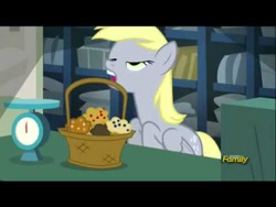 Size: 480x360 | Tagged: safe, imported from derpibooru, screencap, derpy hooves, pegasus, pony, slice of life (episode), basket, faic, female, food, mare, muffin, solo