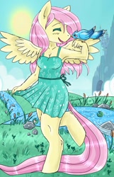 Size: 823x1280 | Tagged: safe, artist:acetrel, imported from derpibooru, fluttershy, anthro, bird, bluebird, unguligrade anthro, armpits, blue bird, breasts, cleavage, clothes, cute, dress, eyes closed, female, happy, shyabetes
