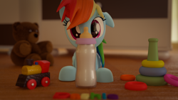 Size: 1920x1080 | Tagged: safe, artist:cumill11, deleted from derpibooru, imported from derpibooru, rainbow dash, 3d, baby bottle, blender, cumill11's little dashie, filly, filly rainbow dash