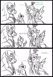 Size: 1556x2246 | Tagged: safe, artist:rossmaniteanzu, imported from derpibooru, king sombra, queen chrysalis, oc, oc:tenebris, hybrid, chrysombra, comic, interspecies offspring, male, mommy chrissy, monochrome, offspring, parent:king sombra, parent:queen chrysalis, parents:chrysombra, shipping, sketch, straight