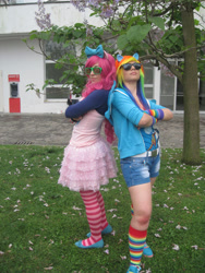Size: 3000x4000 | Tagged: safe, artist:miraclevivi, artist:yokkishai, imported from derpibooru, pinkie pie, rainbow dash, human, 2013, clothes, comic con, cosplay, costume, irl, irl human, napoli comicon, photo, piccioni, rainbow socks, socks, striped socks, swag