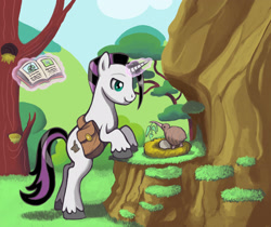 Size: 2953x2480 | Tagged: safe, artist:colourbee, imported from derpibooru, oc, oc only, bird, kiwi, pony, unicorn, book, egg, magic, nest, saddle bag, tree