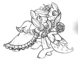 Size: 1200x929 | Tagged: safe, artist:nyuuchandiannepie, imported from derpibooru, applejack, rarity, pony, bridesmaid dress, clothes, dress, female, lesbian, mare, monochrome, rarijack, shipping, sketch