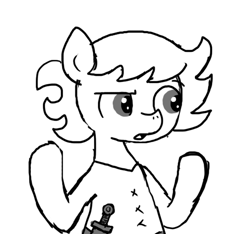 Size: 640x600 | Tagged: safe, artist:ficficponyfic, imported from derpibooru, oc, oc only, oc:ruby rouge, earth pony, pony, colt quest, child, clothes, confused, female, filly, foal, knife, monochrome, solo focus, story included