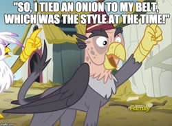 Size: 684x500 | Tagged: safe, edit, edited screencap, imported from derpibooru, screencap, grampa gruff, griffon, the lost treasure of griffonstone, blind eye, caption, eye scar, fez, grampa simpson, griffonstone, hat, image macro, meme, parody, scar, simpsons did it, the simpsons