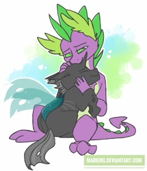 Size: 781x908 | Tagged: safe, artist:hiccupsdoesart, deleted from derpibooru, imported from derpibooru, spike, thorax, changeling, dragon, the times they are a changeling, cuddling, cute, gay, hug, looking at you, male, older, older spike, shipping, signature, simple background, snuggling, spikabetes, thorabetes, thoraxspike, watermark, white background