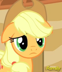 Size: 539x621 | Tagged: safe, imported from derpibooru, screencap, applejack, pony, viva las pegasus, :c, discovery family logo, female, floppy ears, mare, sad, solo