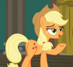 Size: 499x456 | Tagged: safe, imported from derpibooru, screencap, applejack, pony, viva las pegasus, butt, cropped, female, lidded eyes, mare, plot, raised eyebrow, raised hoof, solo