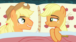 Size: 1920x1080 | Tagged: safe, edit, edited screencap, imported from derpibooru, screencap, applejack, earth pony, pony, 28 pranks later, applejack (male), applejack's bed partner, applejacks (shipping), bed, discovery family logo, exploitable meme, female, implied selfcest, male, mare, meme, pillow, rule 63, self ponidox, shipping, stallion, straight