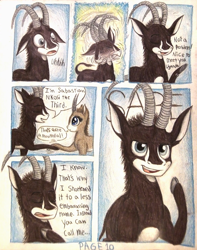 Size: 1080x1368 | Tagged: safe, artist:thefriendlyelephant, imported from derpibooru, oc, oc only, oc:sabe, oc:uganda, antelope, giant sable antelope, comic:sable story, animal in mlp form, cloven hooves, comic, dialogue, entranced, face shake, hoofshake, horns, shaking, traditional art
