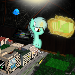 Size: 1900x1908 | Tagged: safe, artist:subway777, imported from derpibooru, lyra heartstrings, bird, building, car, chirper, cities skylines, city, game, macro, map, park, size difference, street, tram