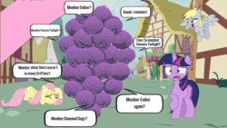 Size: 1280x720 | Tagged: safe, imported from derpibooru, derpy hooves, fluttershy, pinkie pie, twilight sparkle, alicorn, pony, cowering, disturbed, first person view, gif, holding, member berries, non-animated gif, offscreen character, pov, south park, speech bubble, twilight sparkle (alicorn), wat