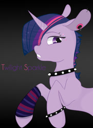 Size: 1445x2000 | Tagged: safe, artist:midnightstar26, imported from derpibooru, twilight sparkle, alternate hairstyle, ear piercing, female, gauges, piercing, punk, solo