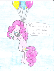 Size: 1514x1984 | Tagged: safe, artist:porfavorsuvida, imported from derpibooru, pinkie pie, balloon, female, solo, spanish, then watch her balloons lift her up to the sky, traditional art, translated in the comments