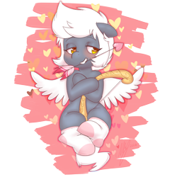 Size: 1280x1280 | Tagged: safe, artist:abeomaero, imported from derpibooru, oc, oc only, oc:riptide, arrow, blushing, bow (weapon), chibi, clothes, cupid, heart arrow, mouth hold, smiling, socks, solo, wings
