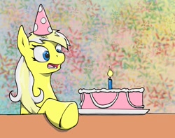 Size: 1350x1062 | Tagged: safe, artist:man-eating-llama, imported from derpibooru, oc, oc only, oc:ersatz yellow, cake, candle, food, hat, party hat, solo