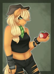 Size: 536x737 | Tagged: safe, artist:rainbowhitter, imported from derpibooru, applejack, anthro, apple, bracelet, clothes, emo, female, food, hat, jewelry, midriff, neckerchief, solo, speedpaint available, spiked wristband